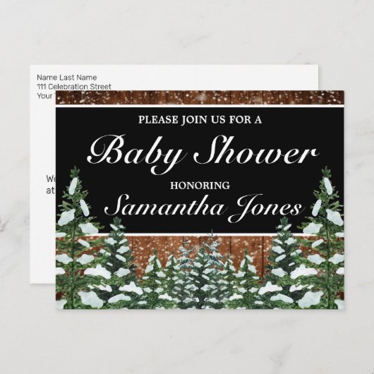 黒雪の木と森の松の赤ちゃんシャワー 案内ポストカード (正面/裏面)