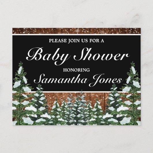 黒雪の木と森の松の赤ちゃんシャワー 案内ポストカード (正面)