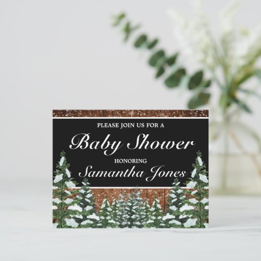 黒雪の木と森の松の赤ちゃんシャワー 案内ポストカード (スタンド正面)