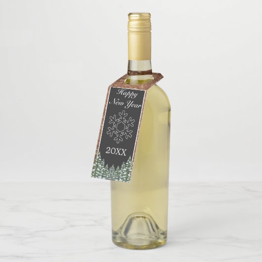 黒雪の木と森の松の雪のフレーク新年 ボトルネックタグ (アングル)