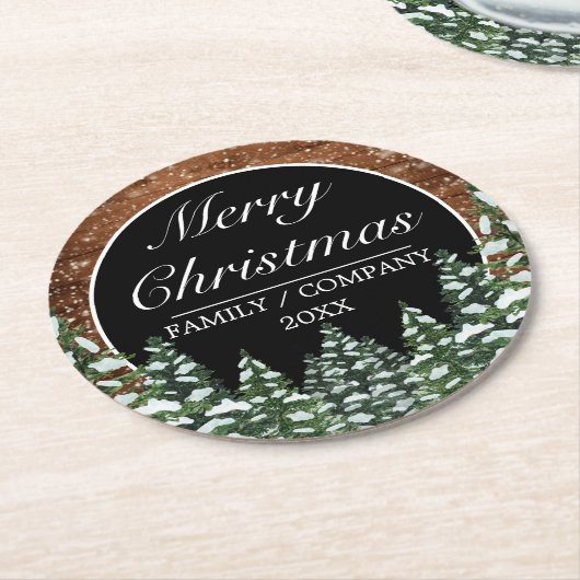 黒雪の木と森の松メリークリスマス ラウンドペーパーコースター (アングル)