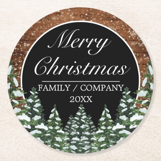 黒雪の木と森の松メリークリスマス ラウンドペーパーコースター (正面)
