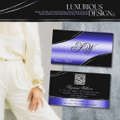 黒青頭が切れる曲線モノグラムおよびQRコード 名刺