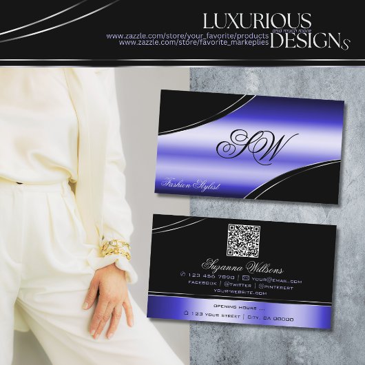 黒青頭が切れる曲線モノグラムおよびQRコード 名刺