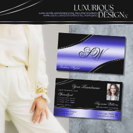 黒青頭が切れる曲線モノグラムと写真 名刺