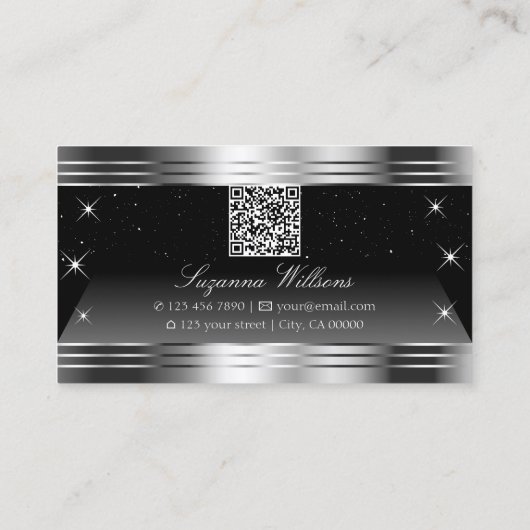 黒頭が切れる銀きらめく縁どとQRコード 名刺 (裏面)