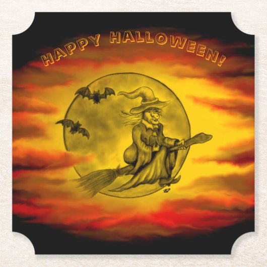 黒飛んでいる猫の魔女ハロウィンナイト ペーパーコースター (正面)