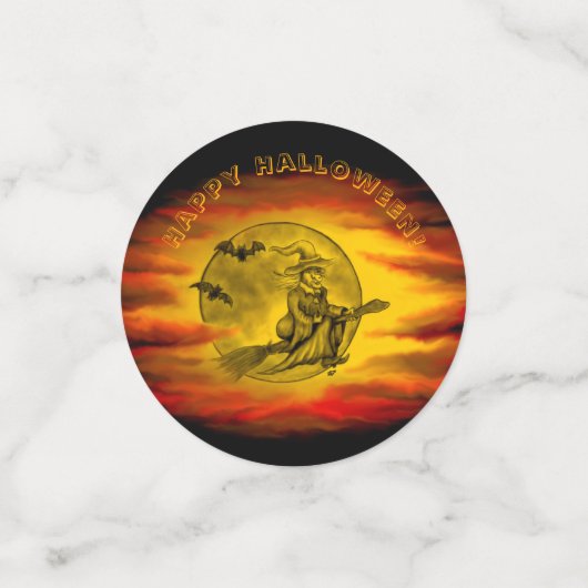 黒飛んでいる猫の魔女ハロウィーンの夜猿 コンフェッティ (スモール正面)