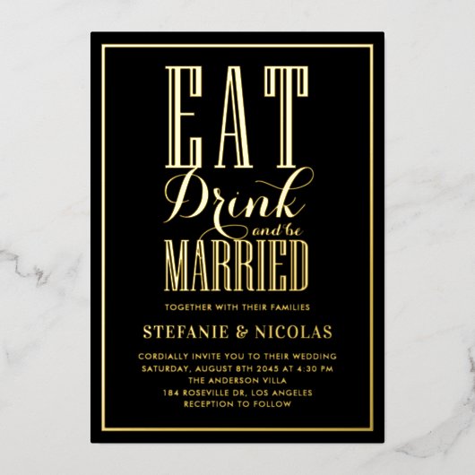 黒食べ酒と食べ結婚したて結婚い 箔招待状 (正面)