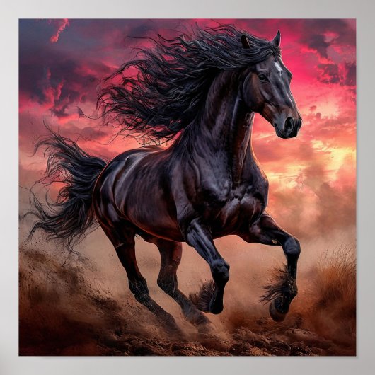 🐎 黒馬とピンクの空のドリームスケープ ポスター (正面)