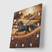 黒馬の夕暮れ田舎 スクエア壁時計 (傾斜)
