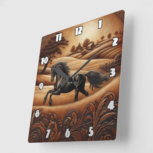 黒馬の夕暮れ田舎 スクエア壁時計 (傾斜)