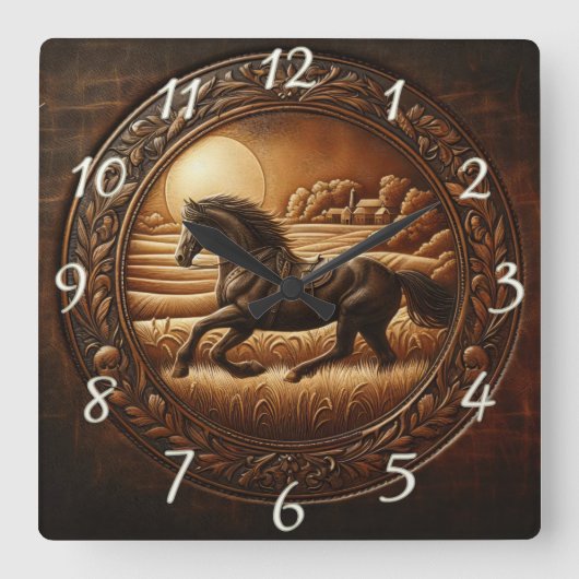 黒馬走のスルーフィールドで夕暮れ スクエア壁時計 (正面)