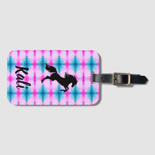 黒馬飼育ピンクパーソナライズされたとアクア ラゲッジタグ (正面横)