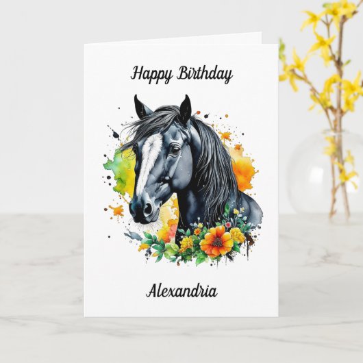 黒馬黄色い花に囲まれた誕生日 カード (黄色い花)