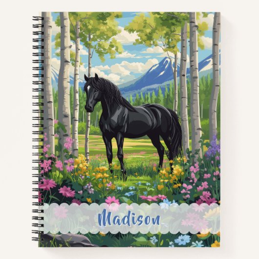 黒馬 ワイルドフラワー ガール ピンク パープル キッズ ノートブック (正面)