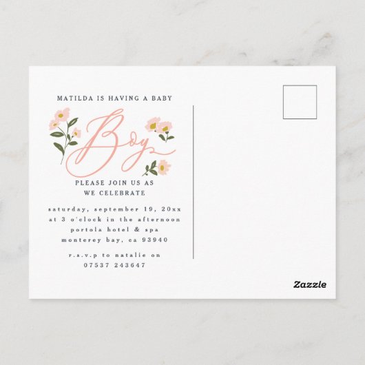 黒髪のママは男の子の赤ちゃんのシャワー招待状 ポストカード (裏面)