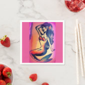 黒髪のマーメイド美しいピンク スタンダードカクテルナプキン (インサイチュ)