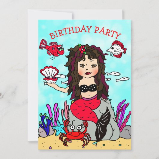 黒髪の人魚が海の誕生日パーティーの下 招待状 (正面)