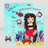 黒髪の人魚が海の誕生日パーティーの下 招待状 (正面/裏面)