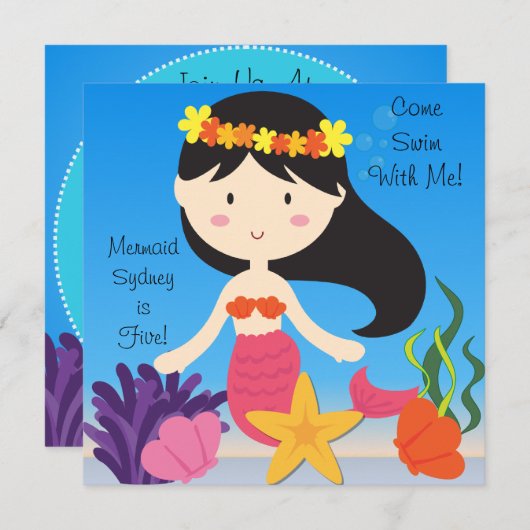 黒髪の人魚のカスタムな誕生日の招待状 招待状 (正面/裏面)
