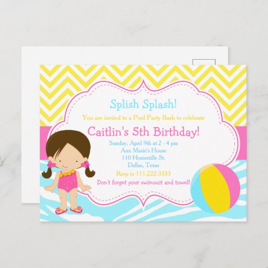 黒髪の女の子のプールパーティーバッシュパーティー ポストカード (正面/裏面)