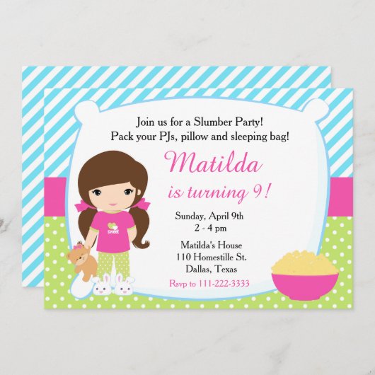 黒髪の寝込みパーティー誕生日 招待状 (正面/裏面)