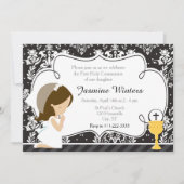 黒髪の少女の初めての聖体拝領用ダマスク生地の招待状 招待状 (正面)