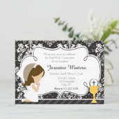 黒髪の少女の初めての聖体拝領用ダマスク生地の招待状 招待状 (スタンド正面)