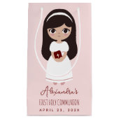 黒髪の少女の宗教的な初めての聖体拝領 ピンク スモールペーパーバッグ (正面)