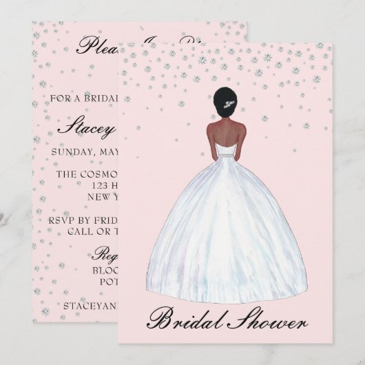 黒髪の肌の花嫁イラスト ブライダルシャワー 招待状 (正面/裏面)