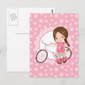 黒髪の自転車の女の子 - ピンクと白 ポストカード (正面/裏面)