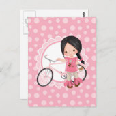 黒髪の自転車少女 - ピンクホワイト ポストカード (正面/裏面)