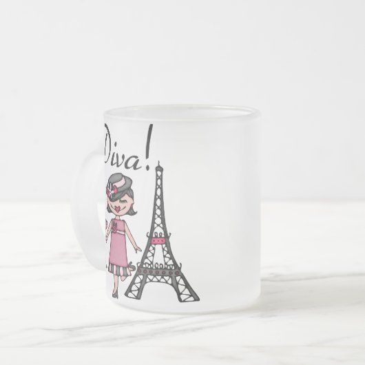 黒髪の花型女性歌手 フロストグラスマグカップ (正面左)