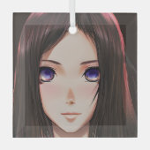 黒髪の青い目のアニメガール ガラスオーナメント (正面)
