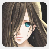 黒髪の青い目のアニメガール スクエアシール (正面)