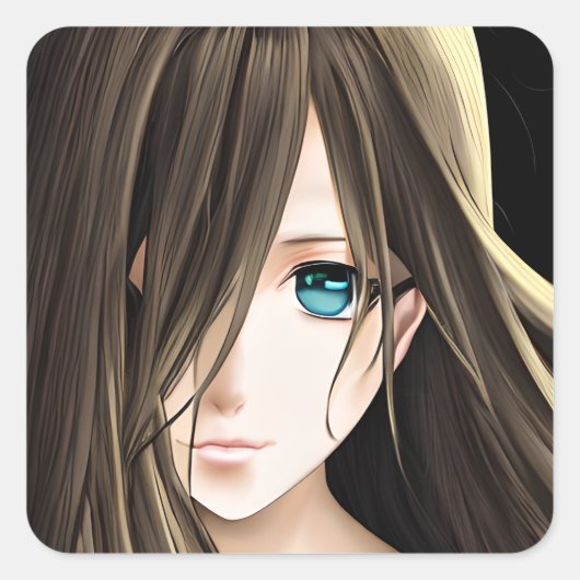 黒髪の青い目のアニメガール スクエアシール (正面)