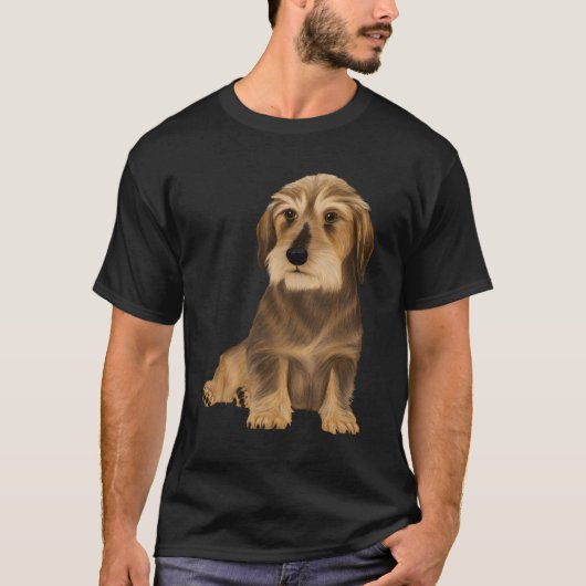 黒髪ダシュント座り犬 Tシャツ (正面)