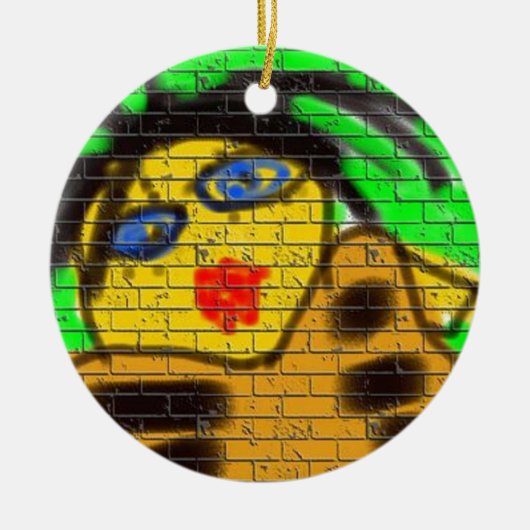 黒髪ビー女性グラフィティウォール絵画ズグリーン セラミックオーナメント (正面)