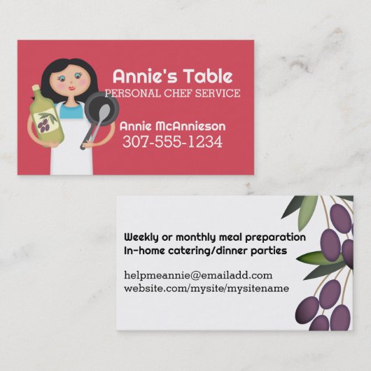 黒髪女性シェフオリーブ油料理ビズカード 名刺 (正面/裏面)