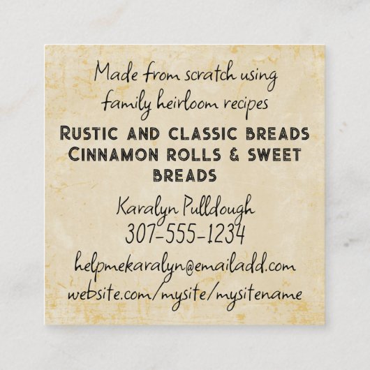 黒髪女性ベーキングシェフ小麦粉の名刺 スクエア名刺 (裏面)