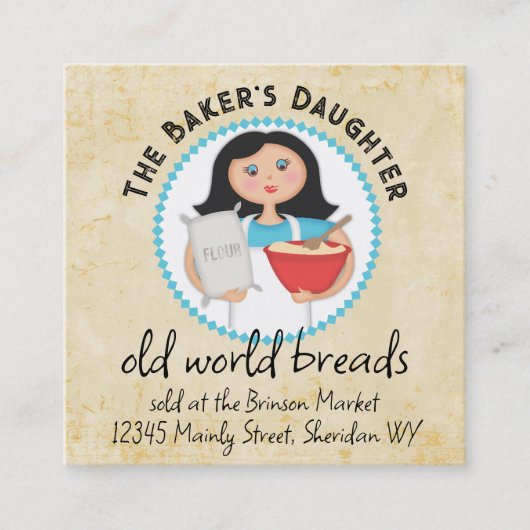 黒髪女性ベーキングシェフ小麦粉の名刺 スクエア名刺 (正面)