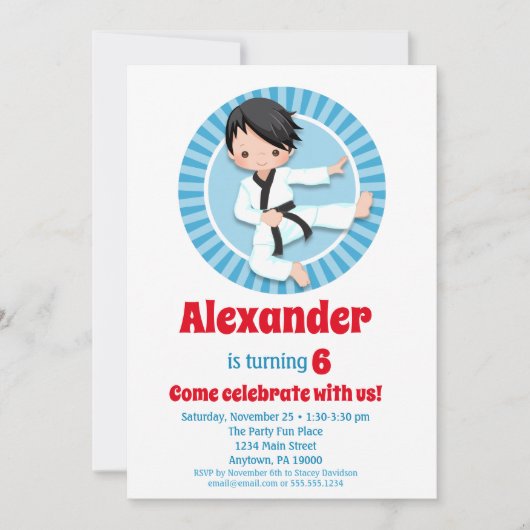 黒髪空手柔道ボーイズ誕生日招待状 招待状 (正面)