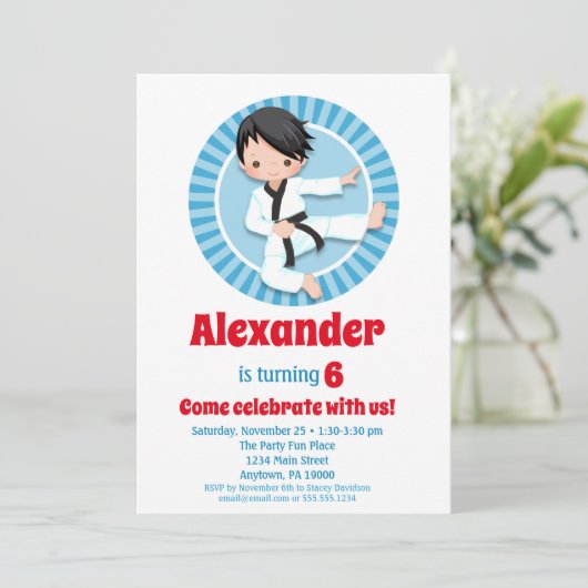 黒髪空手柔道ボーイズ誕生日招待状 招待状 (スタンド正面)