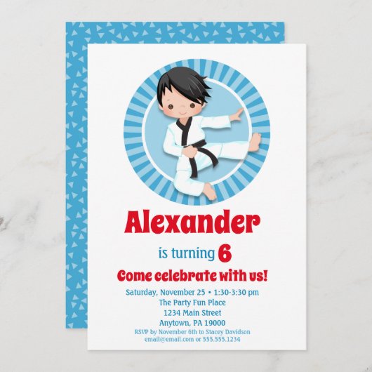 黒髪空手柔道ボーイズ誕生日招待状 招待状 (正面/裏面)