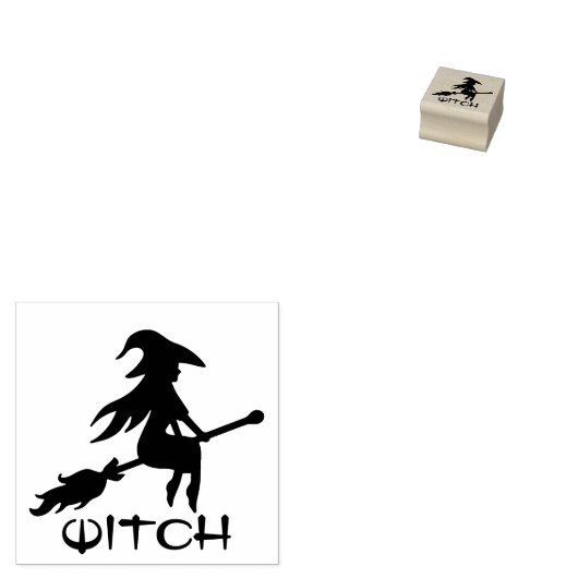 黒魔女のシルエット ほうき 木のスタンプ ラバースタンプ (押印)