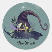 黒魔女の花のハーブハット 緑の魔法ラベル ラウンドシール (正面)