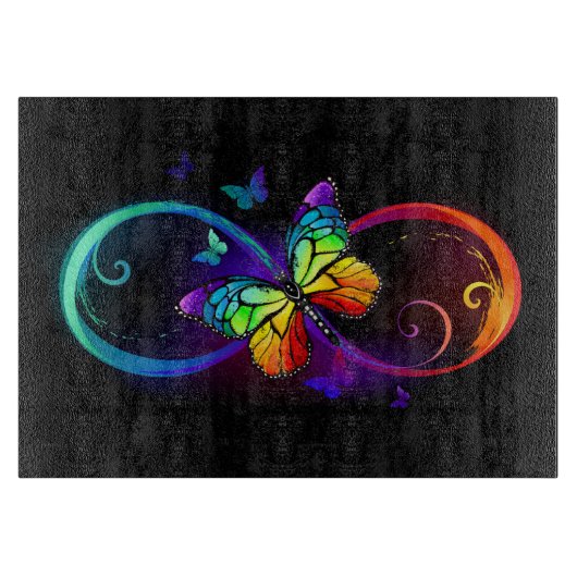 黒鮮やかに虹の蝶がある無限大 カッティングボード (正面)