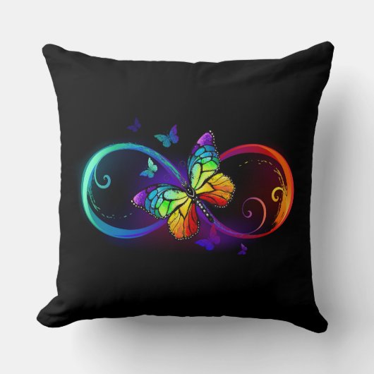 黒鮮やかに虹の蝶がある無限大 クッション (正面)