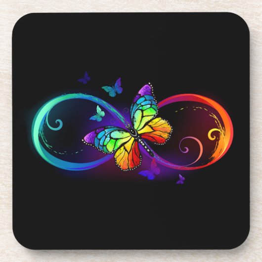 黒鮮やかに虹の蝶がある無限大 コースター (正面)